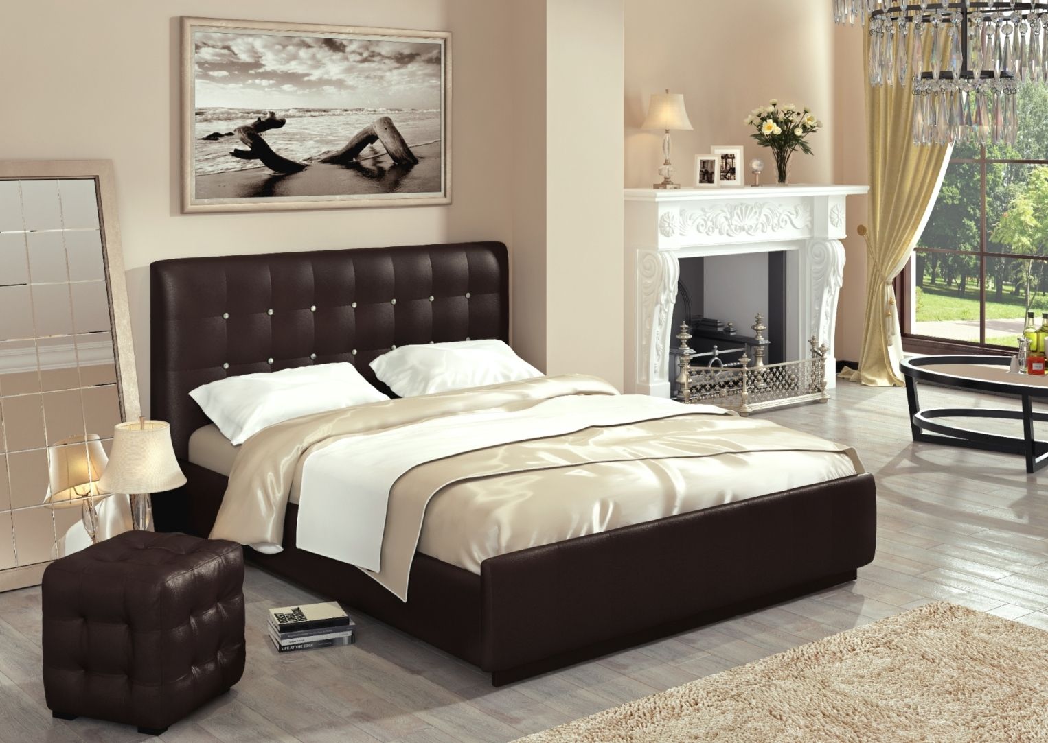 коричневая кровать в интерьере спальни фото